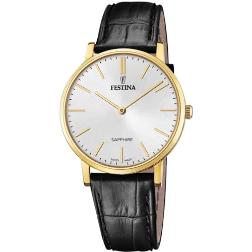 Festina Uhr Für Herren F20016/1 Swiss Made Gold Edelstahl Case SchwarzLeder Band von Festina