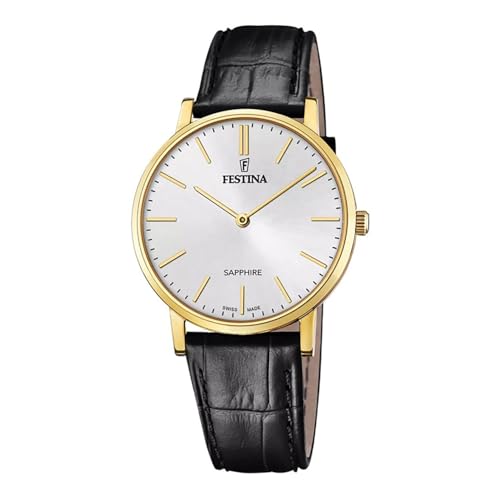 Festina Uhr Für Herren F20016/1 Swiss Made Gold Edelstahl Case SchwarzLeder Band von Festina