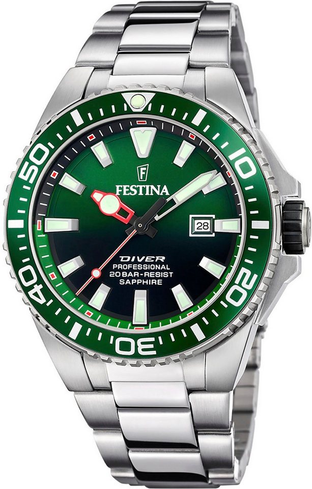 Festina Taucheruhr F20663-2 Grün Edelstahlband 45,7 mm, mit Saphirglas von Festina