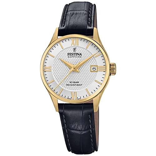 Festina Uhr Für Damen F20011/1 Swiss Made Gold Edelstahl Case SchwarzLeder Band von Festina