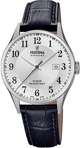 Festina Uhr Für Herren F20007/1 Swiss Made Silber Edelstahl Case SchwarzLeder Band von Festina