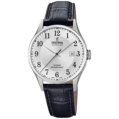 Festina Uhr Für Herren F20007/1 Swiss Made Silber Edelstahl Case SchwarzLeder Band von Festina