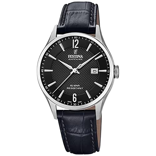 Festina Uhr Für Herren F20007/4 Swiss Made Silber Edelstahl Case SchwarzLeder Band von Festina