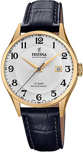 Festina Uhr Für Herren F20010/1 Swiss Made Gold Edelstahl Case SchwarzLeder Band von Festina