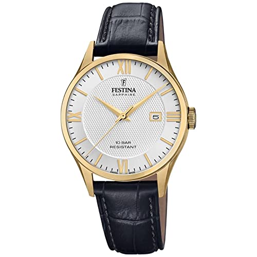 Festina Uhr Für Herren F20010/2 Swiss Made Gold Edelstahl Case SchwarzLeder Band von Festina