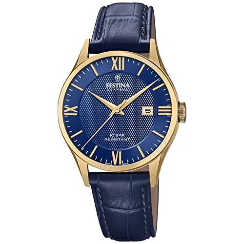 Festina Uhr Für Herren F20010/3 Swiss Made Gold Edelstahl Case BlauLeder Band von Festina