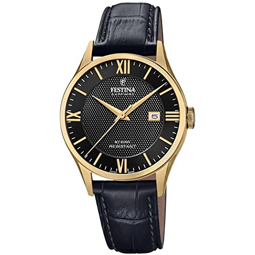 Festina Uhr Für Herren F20010/4 Swiss Made Gold Edelstahl Case SchwarzLeder Band von Festina