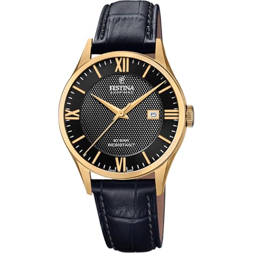 Festina Uhr Für Herren F20010/4 Swiss Made Gold Edelstahl Case SchwarzLeder Band von Festina