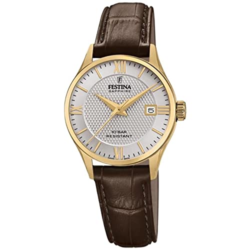 Festina Uhr Für Damen F20011/2 Swiss Made Gold Edelstahl Case BraunLeder Band von Festina