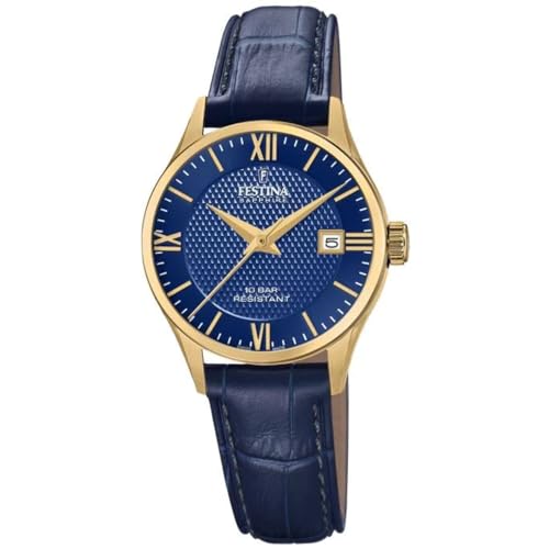 Festina Uhr Für Damen F20011/3 Swiss Made Gold Edelstahl Case BlauLeder Band von Festina