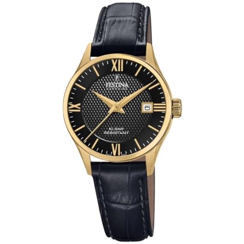 Festina Uhr Für Damen F20011/4 Swiss Made Gold Edelstahl Case SchwarzLeder Band von Festina