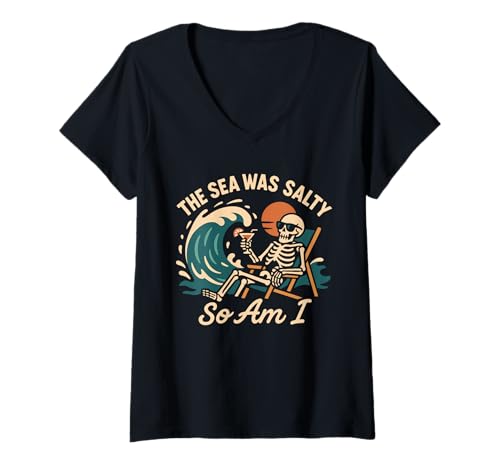 Damen Apocalypso Dark Humor Beach Rave Meme Sunset zum Ende der Welt T-Shirt mit V-Ausschnitt Damen Apocalypso Dark Humor Beach Rave Meme Sunset zum Ende der Welt T-Shirt mit V-Ausschnitt von Festival Apocalypse Tropical Doom Surreal Meme