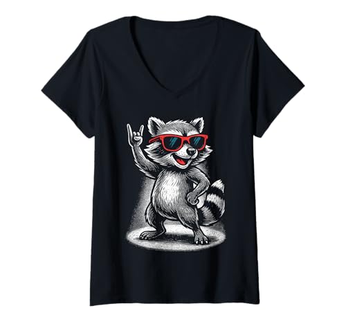 Damen Waschbär Rocker Hard Rock Heavy Metal 80er Jahre 90er Jahre T-Shirt mit V-Ausschnitt Damen Waschbär Rocker Hard Rock Heavy Metal 80er Jahre 90er Jahre T-Shirt mit V-Ausschnitt von Festival Outfit Retro 80s 90s Rock On Kostüm