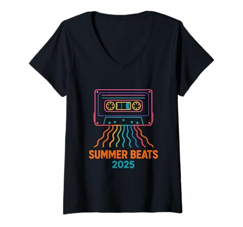 Damen Summer Beats 2025 Festivalstimmung T-Shirt mit V-Ausschnitt von Festival Spirit Apparel