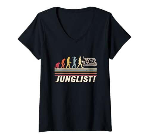Damen Junglist Evolution Plattenspieler für Schlagzeug und Bass T-Shirt mit V-Ausschnitt Damen Junglist Evolution Plattenspieler für Schlagzeug und Bass T-Shirt mit V-Ausschnitt von Festival Stories