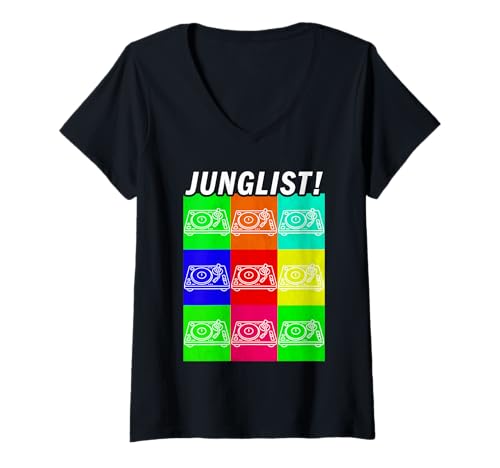Damen Junglist Music Drum Bass Rave 70er DJ Plattenspieler Junglists T-Shirt mit V-Ausschnitt Damen Junglist Music Drum Bass Rave 70er DJ Plattenspieler Junglists T-Shirt mit V-Ausschnitt von Festival Stories