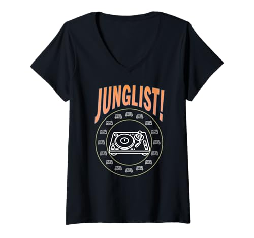 Damen Junglist Music Drum und Bass Dance Rave DJ Kostüm Plattenspieler T-Shirt mit V-Ausschnitt Damen Junglist Music Drum und Bass Dance Rave DJ Kostüm Plattenspieler T-Shirt mit V-Ausschnitt von Festival Stories