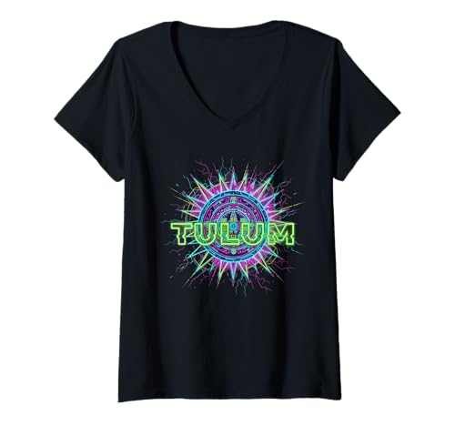Damen Tulum Mexiko Riviera Maya-Kalender Retro Elektrisches Souvenir T-Shirt mit V-Ausschnitt Damen Tulum Mexiko Riviera Maya-Kalender Retro Elektrisches Souvenir T-Shirt mit V-Ausschnitt von Festival Vibes