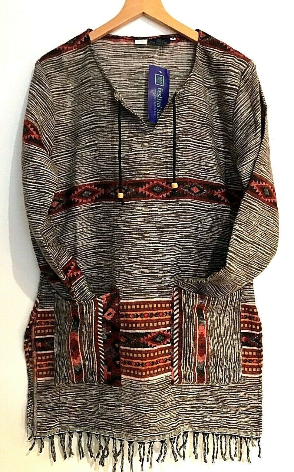 Azteken-Tunika-Oberteil, Bestickt, Langarm-Pullover, Brauner Quasten-Pullover, Boho-Fransen, Uk 8 10 von FestivalStall