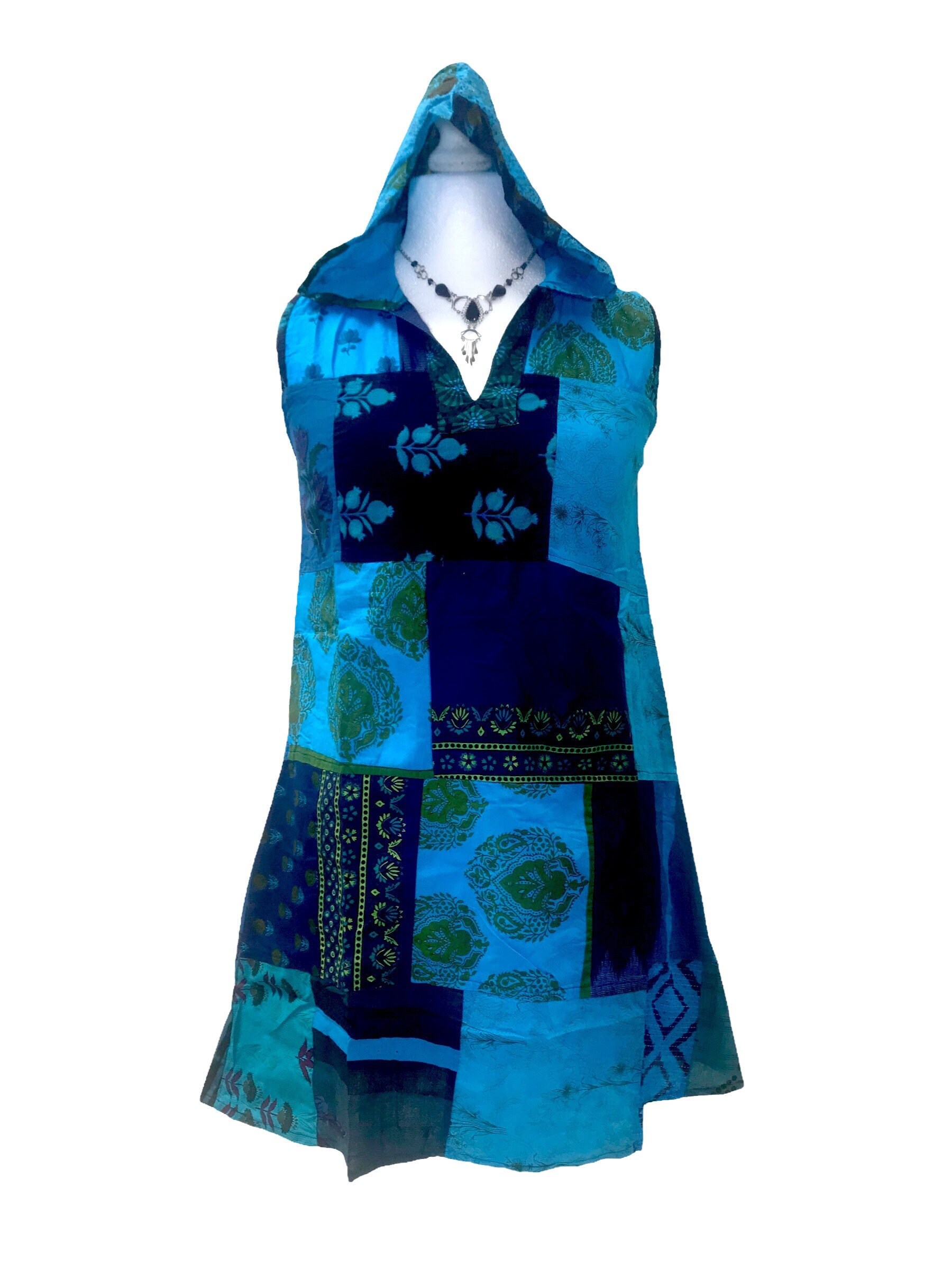 Festival Boho Hippie Kurz Blau Patchwork Kapuze Mini Tunika Kleid Uk 8 10 12 14 von FestivalStall