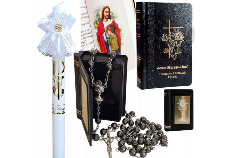 Festivalartikel Schmuckset Kommunion Set Junge: Rosenkranz Hämatit + Gebetbuch + Kerze (1-tlg) von Festivalartikel