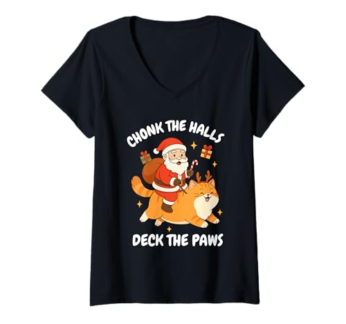 Damen „Have A Meowy Chonky Christmas“, lustiger Weihnachtsmann, reitende Katze T-Shirt mit V-Ausschnitt von Festive Animal Puns Co.