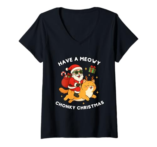 Damen Have A Meowy Chonky Weihnachtsmann Reitkatze T-Shirt mit V-Ausschnitt von Festive Animal Puns Co.