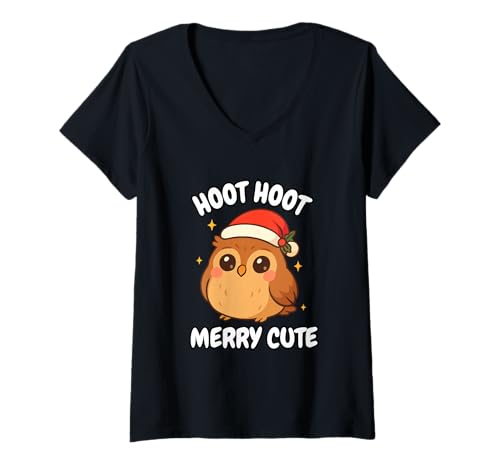 Damen Hoot Merry Cute Christmas Holiday Funny Owl T-Shirt mit V-Ausschnitt Damen Hoot Merry Cute Christmas Holiday Funny Owl T-Shirt mit V-Ausschnitt von Festive Animal Puns Co.