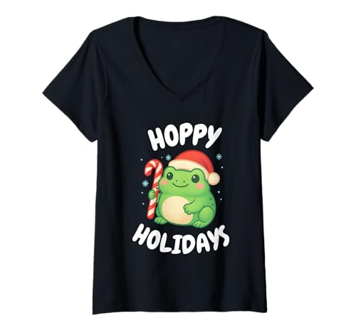 Damen Hoppy Holidays Süßer Weihnachtsfrosch mit Zuckerstange T-Shirt mit V-Ausschnitt von Festive Animal Puns Co.