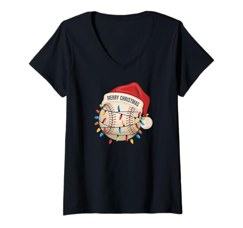 Damen Lustige Baseball-Lichter mit Aufschrift Merry Christmas T-Shirt mit V-Ausschnitt von Festive Baseball Xmas Sports Fan Santa apparel