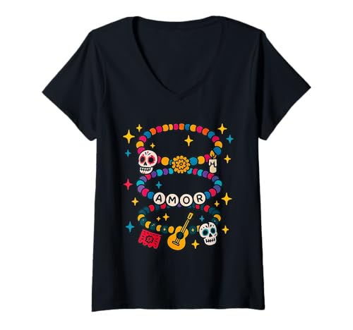 Damen Día de los Muertos Freundschaftsarmband Design Sugar Skull T-Shirt mit V-Ausschnitt Damen Día de los Muertos Freundschaftsarmband Design Sugar Skull T-Shirt mit V-Ausschnitt von Festive Bead Charm Creations