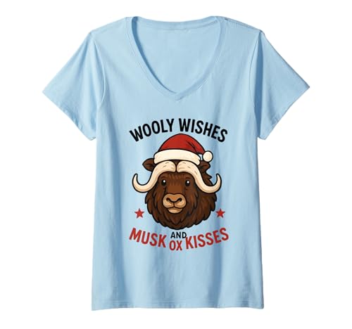 Damen Wooly Wishes Ox Christmas Lustiger Feiertag Santa Claus Xmas T-Shirt mit V-Ausschnitt Damen Wooly Wishes Ox Christmas Lustiger Feiertag Santa Claus Xmas T-Shirt mit V-Ausschnitt von Festive Beasts Apparel