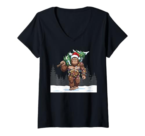 Damen Bigfoot Weihnachtsbaum Lustige Weihnachtsmann Weihnachtsmann T-Shirt mit V-Ausschnitt Damen Bigfoot Weihnachtsbaum Lustige Weihnachtsmann Weihnachtsmann T-Shirt mit V-Ausschnitt von Festive Bigfoot Santa Holiday Tree Lights Cryptid