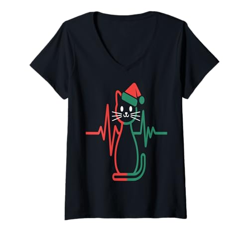 Damen Weihnachtskatze Heartbeat Line T-Shirt mit V-Ausschnitt Damen Weihnachtskatze Heartbeat Line T-Shirt mit V-Ausschnitt von Festive Cat Lovers Apparel