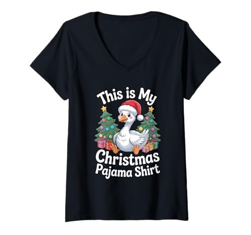 Damen This is My Christmas Pyjama Goose T-Shirt mit V-Ausschnitt von Festive Chistmas Pajama Clo.