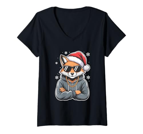 Damen Christmas Fox Santa Sonnenbrille T-Shirt mit V-Ausschnitt Damen Christmas Fox Santa Sonnenbrille T-Shirt mit V-Ausschnitt von Festive Christmas Fox Santa Apparel
