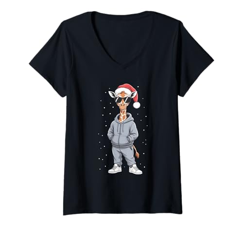 Damen Weihnachtsmann Giraffe T-Shirt mit V-Ausschnitt Damen Weihnachtsmann Giraffe T-Shirt mit V-Ausschnitt von Festive Christmas Giraffe Santa Apparel