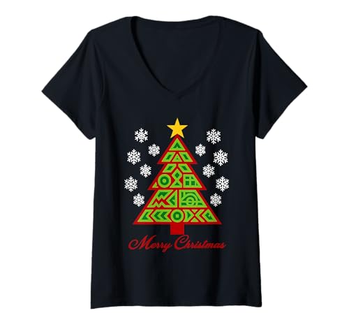 Damen Geometrischer Weihnachtsbaum rot grün abstrakte Mathematik & KI inspiriert T-Shirt mit V-Ausschnitt Damen Geometrischer Weihnachtsbaum rot grün abstrakte Mathematik & KI inspiriert T-Shirt mit V-Ausschnitt von Festive Christmas Holiday