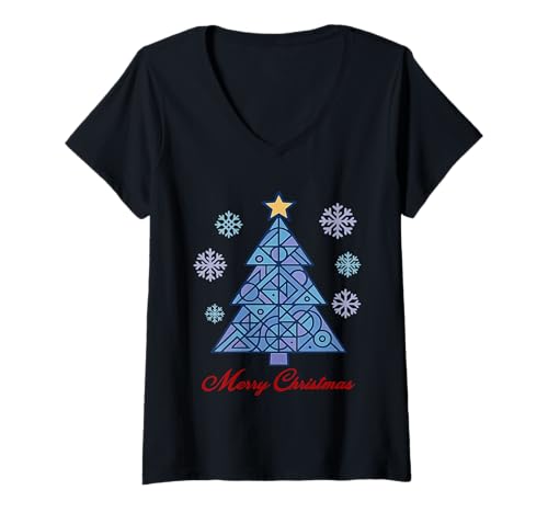 Damen Geometrischer blau-violetter Weihnachtsbaum, abstrakt, mathematisch inspiriert T-Shirt mit V-Ausschnitt Damen Geometrischer blau-violetter Weihnachtsbaum, abstrakt, mathematisch inspiriert T-Shirt mit V-Ausschnitt von Festive Christmas Holiday