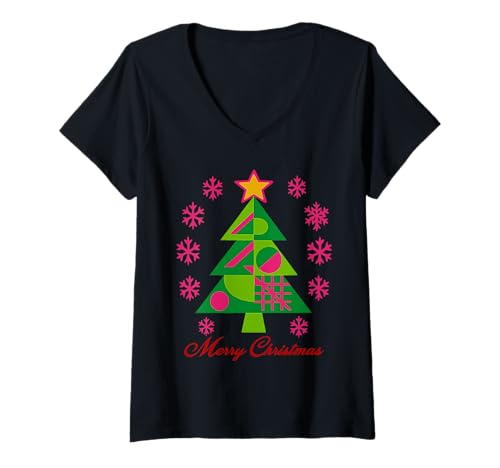 Damen Geometrischer rosa-grüner Weihnachtsbaum, abstrakt, mathematisch inspiriert T-Shirt mit V-Ausschnitt Damen Geometrischer rosa-grüner Weihnachtsbaum, abstrakt, mathematisch inspiriert T-Shirt mit V-Ausschnitt von Festive Christmas Holiday