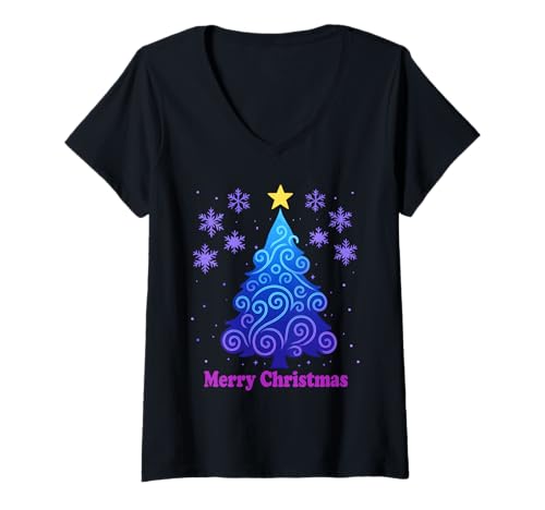 Damen Lustiger Weihnachtsbaum in Blau und Lila T-Shirt mit V-Ausschnitt Damen Lustiger Weihnachtsbaum in Blau und Lila T-Shirt mit V-Ausschnitt von Festive Christmas Holiday