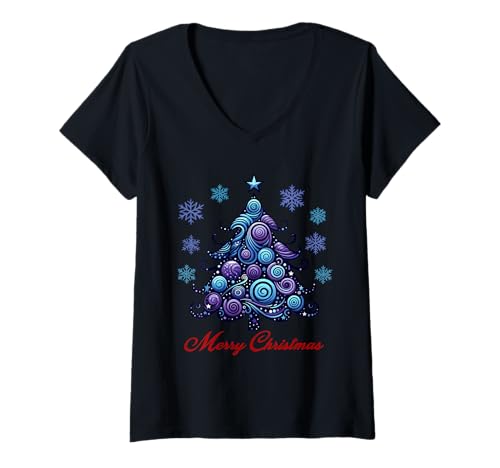 Damen Süßer Blauer und violetter Weihnachtsbaum, modern, abstrakt T-Shirt mit V-Ausschnitt Damen Süßer Blauer und violetter Weihnachtsbaum, modern, abstrakt T-Shirt mit V-Ausschnitt von Festive Christmas Holiday
