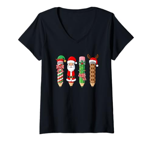 Damen Weihnachtsmann und Freunde Weihnachten Bleistifte Magic T-Shirt mit V-Ausschnitt Damen Weihnachtsmann und Freunde Weihnachten Bleistifte Magic T-Shirt mit V-Ausschnitt von Festive Christmas Pencil Characters Holiday Cheer
