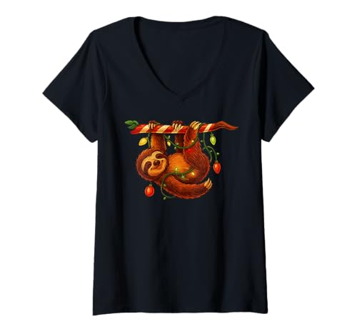 Damen Süßes Faultier Zuckerstangen Baum Weihnachten Tier T-Shirt mit V-Ausschnitt Damen Süßes Faultier Zuckerstangen Baum Weihnachten Tier T-Shirt mit V-Ausschnitt von Festive Christmas Sloth Cute Funny XMAS Design