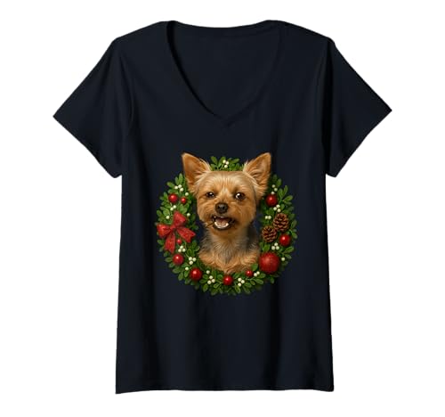 Damen Lustiger Yorkshire Terrier süßer Weihnachtshund T-Shirt mit V-Ausschnitt Damen Lustiger Yorkshire Terrier süßer Weihnachtshund T-Shirt mit V-Ausschnitt von Festive Christmas Yorkie Dog XMAS Animal Design