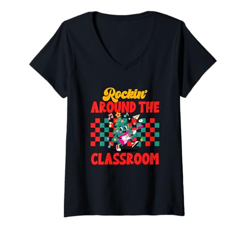 Damen Rockin' Around The Classroom Festliche Stimmung T-Shirt mit V-Ausschnitt Damen Rockin' Around The Classroom Festliche Stimmung T-Shirt mit V-Ausschnitt von Festive Classroom Fun Holiday Season
