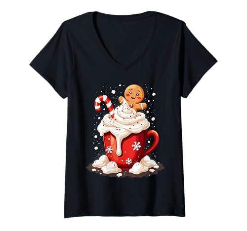 Damen Lebkuchen-Heißschokolade Weihnachts-Leckerli-Design T-Shirt mit V-Ausschnitt Damen Lebkuchen-Heißschokolade Weihnachts-Leckerli-Design T-Shirt mit V-Ausschnitt von Festive Cocoa and Holiday Apparel