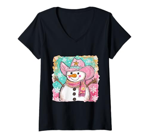 Damen Western Cowboy Schneemann Weihnachten Kunst T-Shirt mit V-Ausschnitt Damen Western Cowboy Schneemann Weihnachten Kunst T-Shirt mit V-Ausschnitt von Festive Cowboy Designs