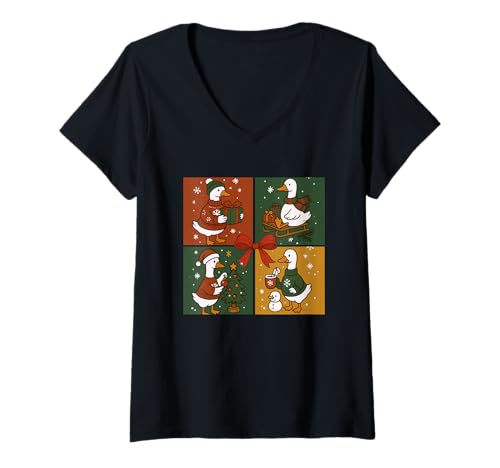 Damen Cozy Ducks Weihnachts-Freuden-Szene im Winterwunderland T-Shirt mit V-Ausschnitt von Festive Cozy Winter Holiday Ducks Joyful