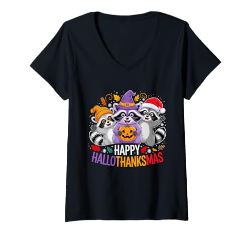 Damen Fröhlicher Hallothanksmas Waschbär Trio Kürbis T-Shirt mit V-Ausschnitt Damen Fröhlicher Hallothanksmas Waschbär Trio Kürbis T-Shirt mit V-Ausschnitt von Festive Critter Hallothanksmas